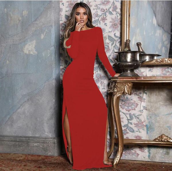 

casual dresses women spring backless split long sleeve maxi slit dress red girls clothing party vestidos floor length high waist, Black;gray