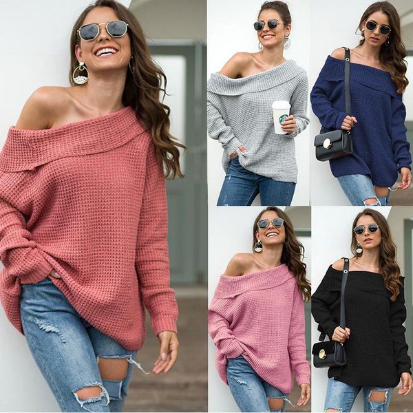 

women's sweaters fall/winter 2021 solid color sweater one-neck loose knit, White;black