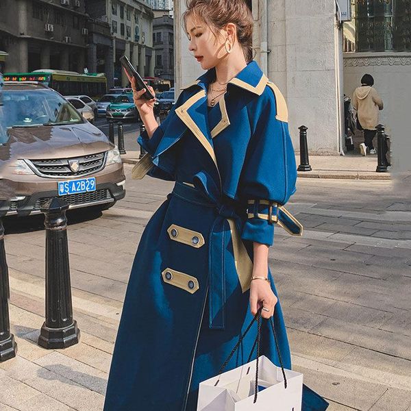 

women's trench coats fashion design long windbreaker jacket womens 2021 spring autumn temperament belt waist lady blue high-end overcoa, Tan;black