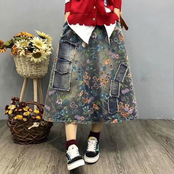 

skirts vintage floral denim skirt large size women retro loose casual elastic waist patchwork jeans women's 2021 11844, Black
