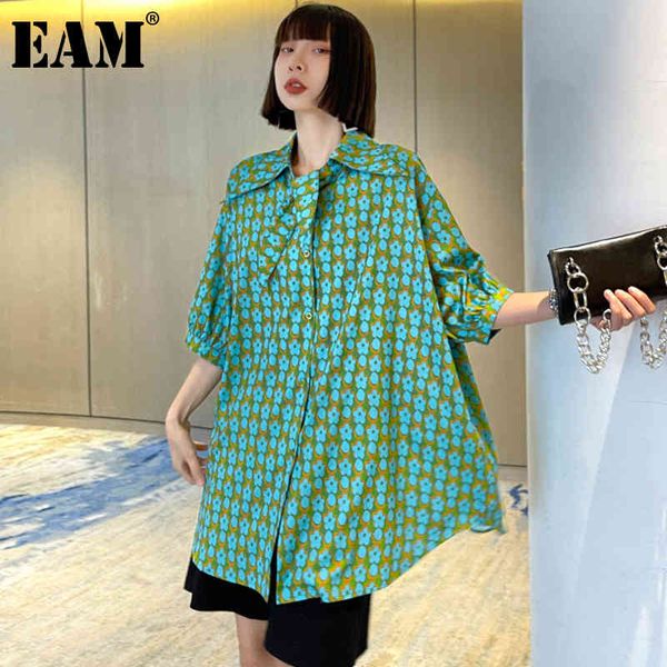 

[eam] women green big size flower print blouse lapel half sleeve loose fit shirt fashion spring summer 1dd7413 21512, White