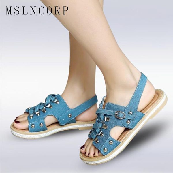 

plus size 34-43 fashion casual summer women denim sandals jeans rivet flats gladiator comfortable buckle girls shoes mujer, Black