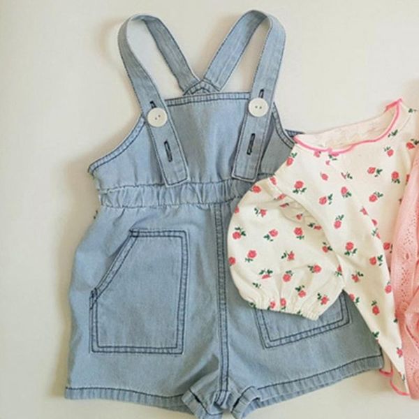 

jumpsuits children baby girls boys jeans pure color overalls cowboy denim 2021 summer shorts fashion kids infant pants ins style, Blue