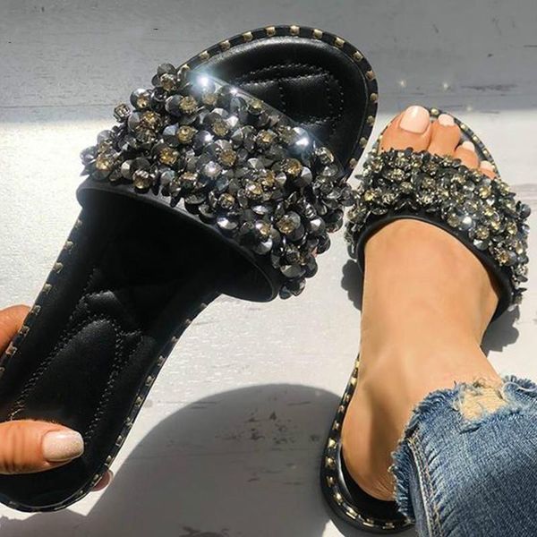 

drop women casual summer flat beach slippers female crystal rivets slides slipper shoes for girls fashion woman leisure, Black