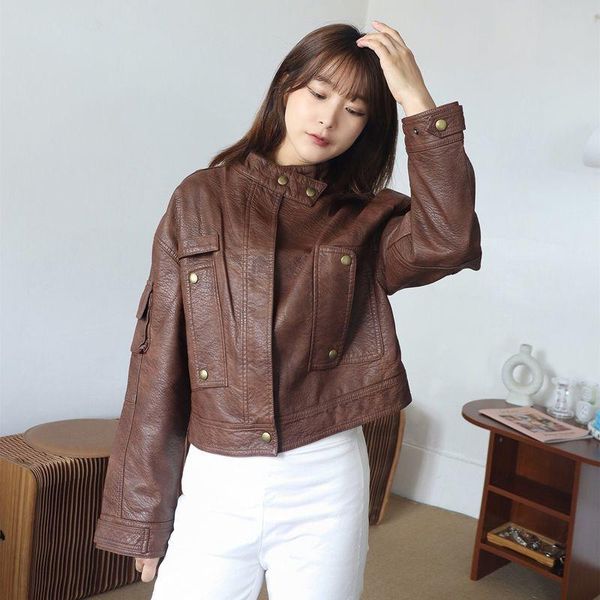 

women's leather & faux short jacket women 's 2021 spring and autumn korean style youth stand collar long-sleeved cardigan, Black