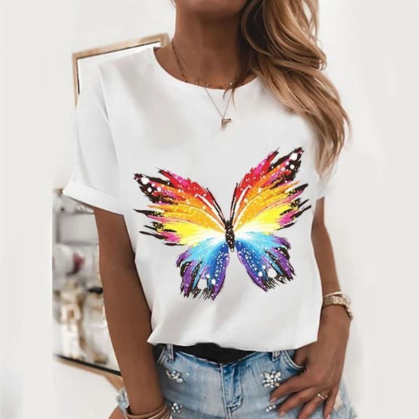 

women's t-shirt color butterfly print funny women harajuku short sleeve tee shirt femme casual round neck for woman summer top, White