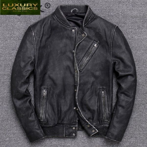 

men's leather & faux jacket 100% real men autumn winter clothes streetwear moto fit genuine cow coat vy13, Black