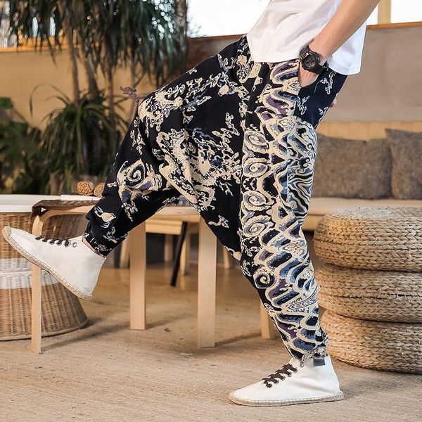 

cotton linen harem cross pants leisure hip hop jogger male 2021 summer fashionable streetwear man casual trousers men's 67dc, Black