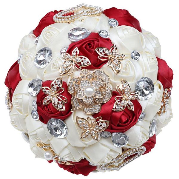 

wedding flowers bride bridesmaid holding bouquet wine red + milk rhinestone ribbon rose handmade bouquets church decoration w576