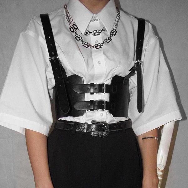 

belts 2021 fashion punk gothic women buckle corset pu leather vest hollow out slimming waist belt cincher cummerbunds trainer, Black;brown
