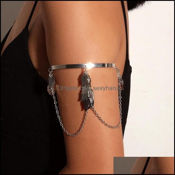 

bangle vintage metal leaf pendant adjustable arm chain bracelets hand jewelry for women gold open upper armband cuff charms body drop delive, Black
