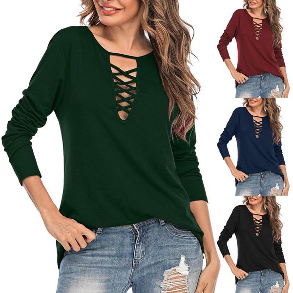 

women's t-shirt womail casual solid color v-neck long-sleeved crossover pullover loose spring and autumn, White