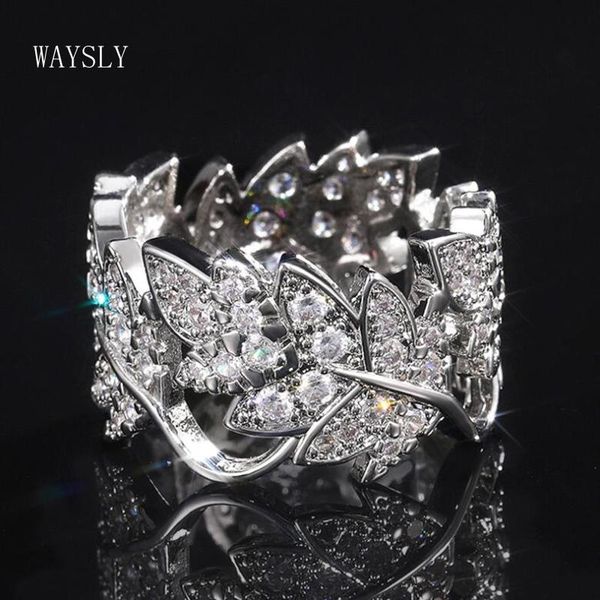 

fashion two leaf surrounded women rings creative cubic zircon mosaic engagement wedding ring, Slivery;golden