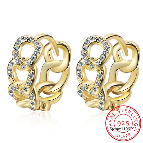 

hoop & huggie real 925 sterling silver minimalism cuban link chain earrings for women fashion rock ear buckle jewelry gifts, Golden;silver