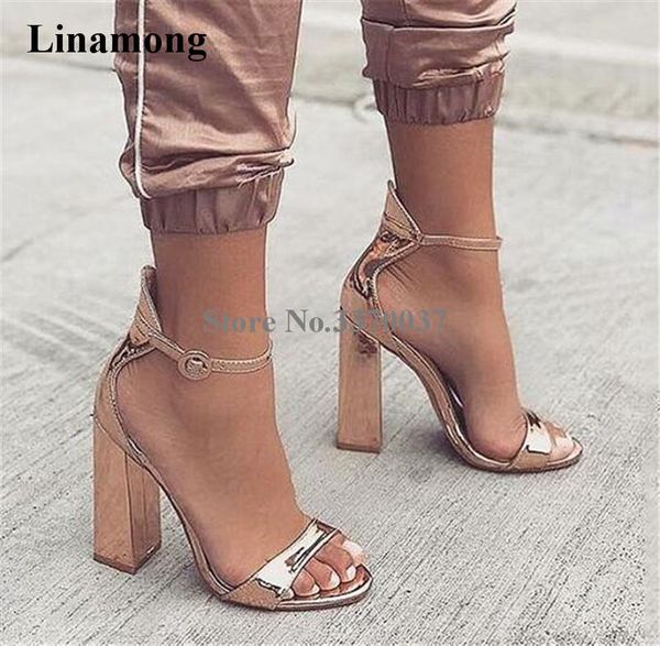 

women charming style open toe rose gold patent leather chunky heel sandals ankle strap thick high evening club shoe, Black