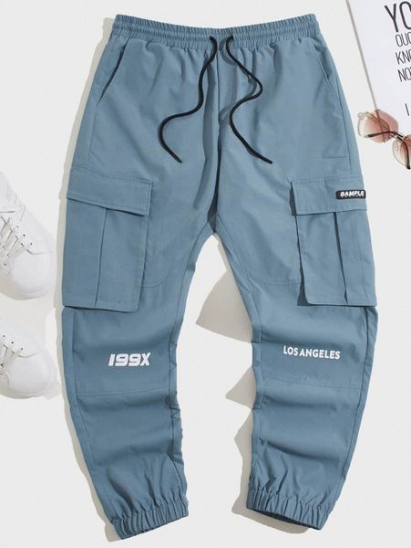 

men letter graphic patch detail cargo pants 17kz#, Black