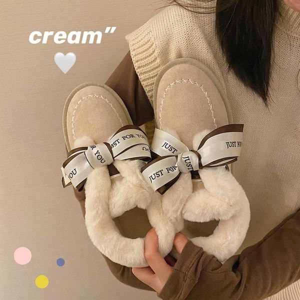 

boots winter warm snow women lovely solid plush lined ankle high anti-slip fashion casual shoes bowknot cotton, Black