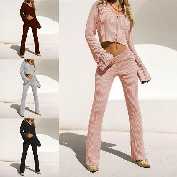 

women's two piece pants 2021 long sleeve cardigan zipper casual suit om9445, White