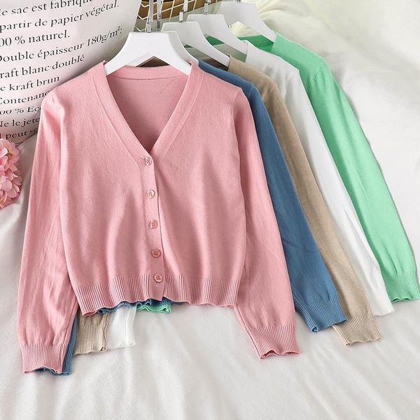 

women's knits & tees knitted cardigan sweater women casual solid color v-neck vintage long sleeve coat short cardigans female knit, White