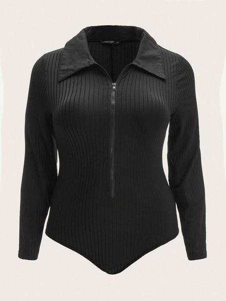 

plus zipper front rib-knit bodysuit 94gw#, Black