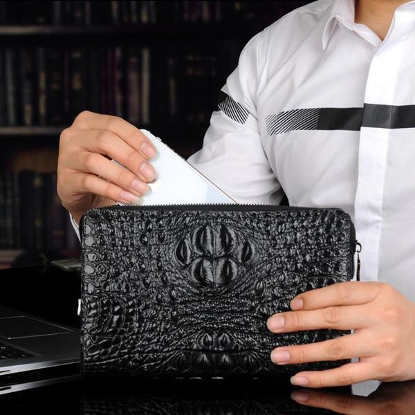 

business wrist anti-theft long male wallet card holders hombre billeteras men's crocodile pattern coded lock day clutch cowhide wallets, Red;black