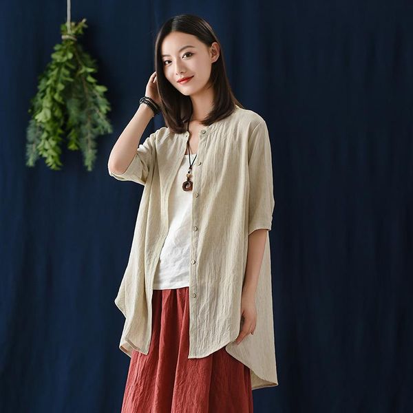 

women's blouses & shirts cotton linen women shirt summer 2021 irregular solid color half sleeve sunscreen cardigan fashion blouse yoyik, White