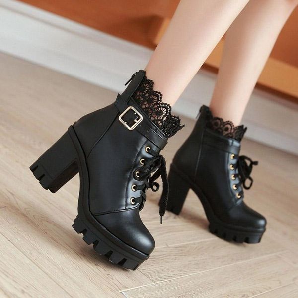 

boots high heel women 2021 fashion pu leather warm winter lace up shoes woman casual female botas, Black