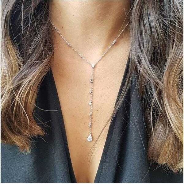 

women tear drop wedding necklace jewelry 2019 summer long collar chains, Silver