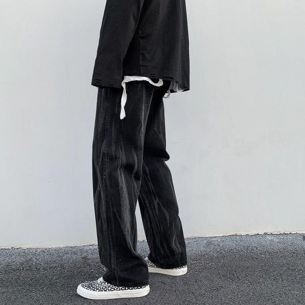 

men's pants streetwear jeans mens straight harem men hip hop draping effect mop loose ruan handsome tie-dyed wide leg trousers, Black