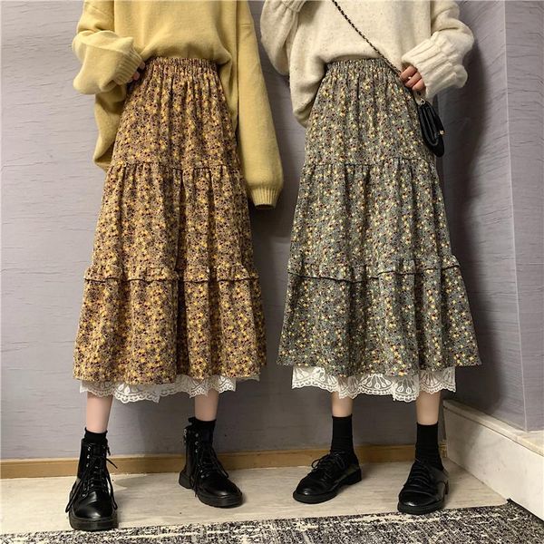 

skirts in autumn and winter medium length high waist with sweater long skirt retro cake pleated, Black