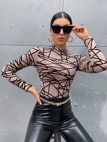 

mock neck geo print mesh without bra e3yr#, White