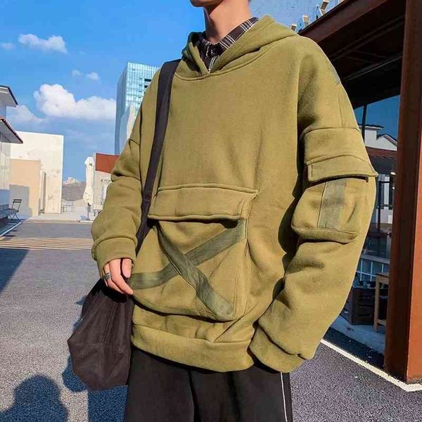 

ins sweater men's hooded plush fall winter new fashion hip hop loose student hoodie versatile coat, Black