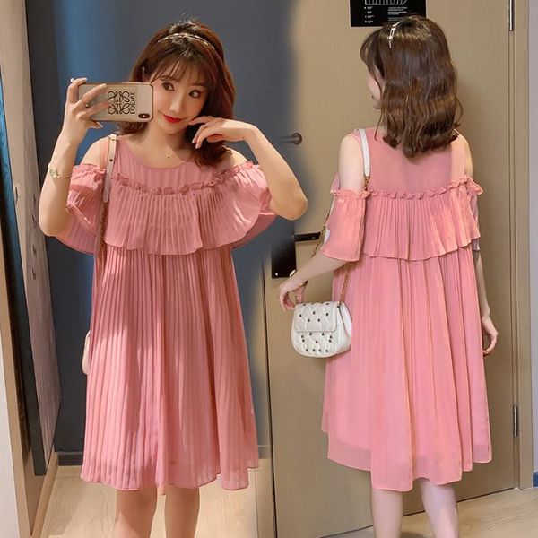 

3426# maternity dress summer chiffon hollow shoulder plain color short sleeves loose stylish pregnant women mom dresses, White
