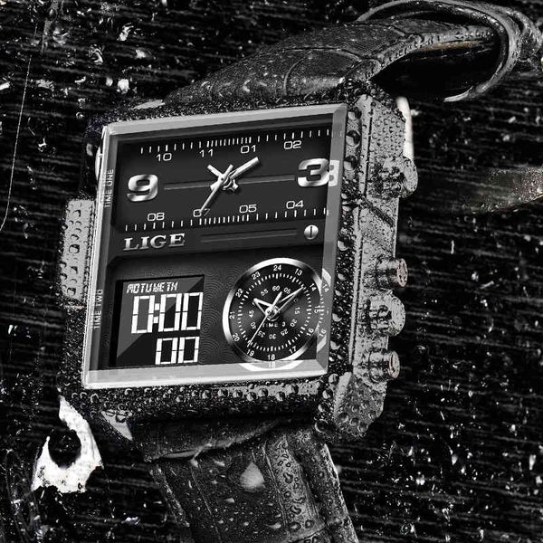 

casual leather mens watches brand luxury dual display quartz watch men waterproof week date electronic digital clock 210517, Slivery;brown