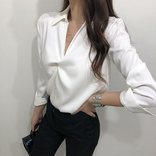

stylish v-neck women chic slim blouses fashion all match solid office lady brief feminine shirts 210421, White