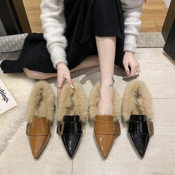 

dress shoes fur thick heel small leather female british style 2021 autumn and winter pointed high single plush, Black
