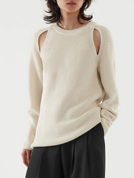 

women's sweaters 2021 autumn products strapless hollow design lantern sleeve decoration round neck temperament lazy style sweater, White;black