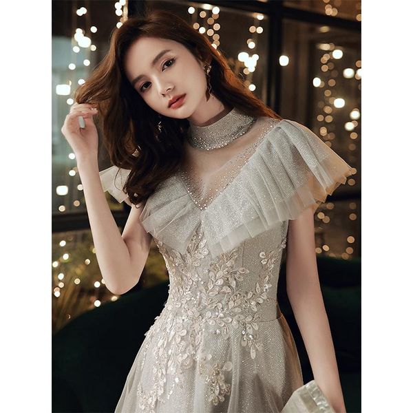 

party dresses high-end evening women banquet temperament stand collar elegant princess dress appliques beaded long formal gowns, White;black