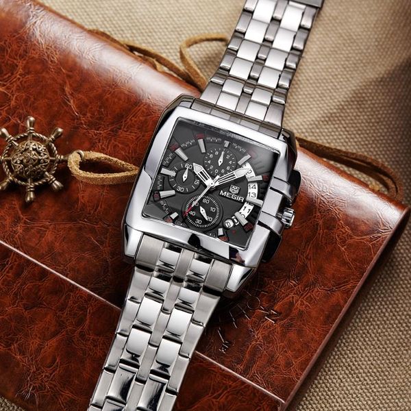 

wristwatches megir men's big dial luxury brand quartz business stainless steel sports mens watches relogio masculino wristwatch, Slivery;brown