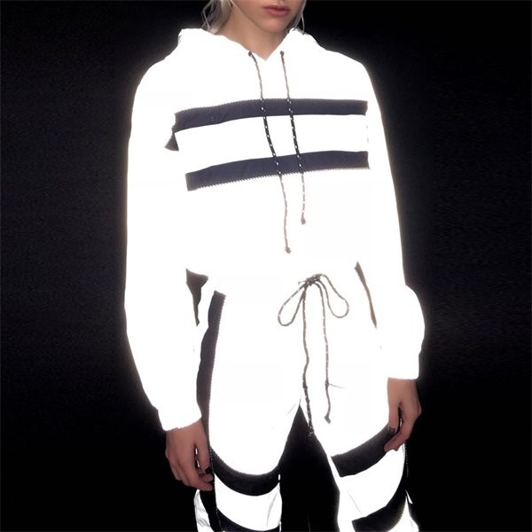 

fashion reflective tracksuit women crop hoodies + long 2 piece set contrast color jogger pants sets clothes, White