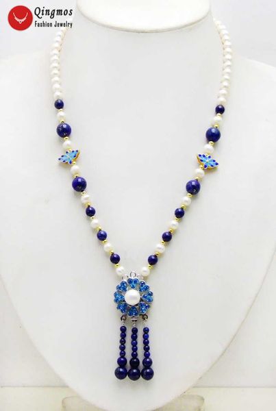 

pendant necklaces qingmos trendy natural white pearl 20" necklace for women with 4-6mm blue lapis lazuli & 25mm green tassel necklace-6, Silver