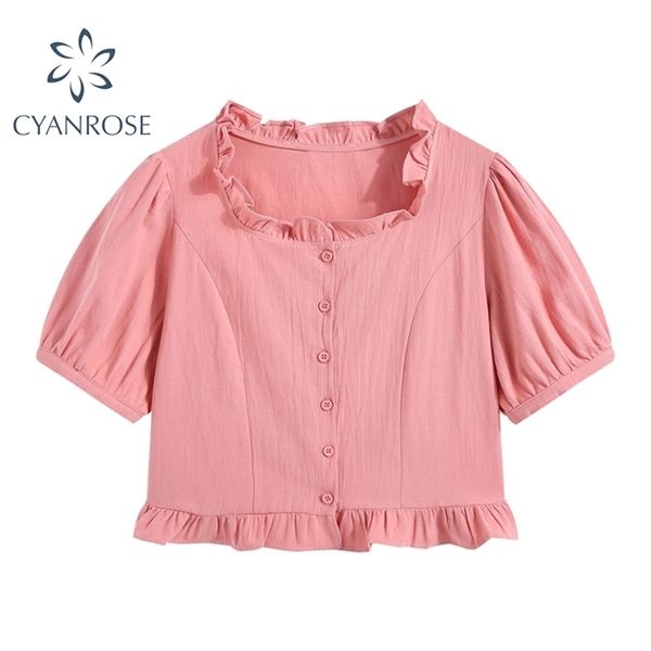 Design de plissado de verão Cardigan blusa mulheres rosa sopro manga curta retro decoraça camisas tops coreano elegante e-girl magro blusas 210515