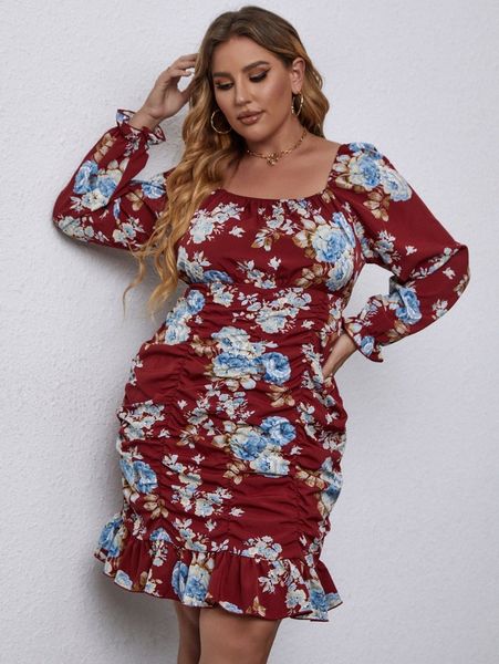 

plus floral print ruched mermaid hem dress m59e#, Black