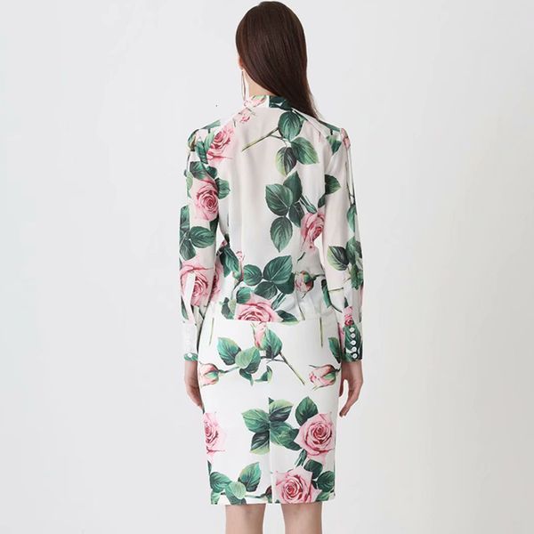 

dress seqinyy runway set 2021 spring summer fashion design female long shirt + cuff knee skirt elegant printing flowers, White