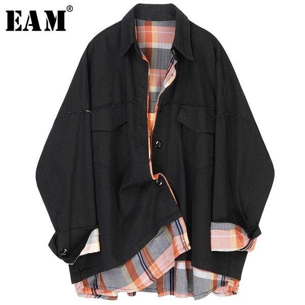 

[eam] loose fit plaid spliced big size jacket lapel long sleeve women coat fashion tide spring autumn 2021 jz686 women's jackets, Black;brown