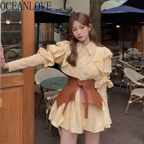 

khaki shirt dress women solid puff sleeve belt fashion korean vintage mini dresses 2021 robes elegant vestidos 18370 casual, Black;gray