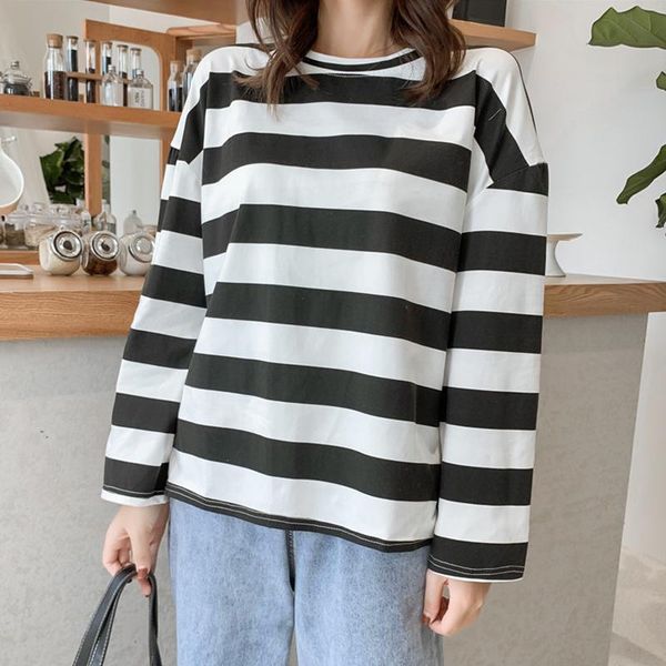 

women's t-shirt spring autumn for women harajuku striped long sleeve o-neck t-shirts korean casual large size t shirt female black, White