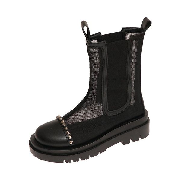 

boots 2021 summer women street biker ankle hollow mesh high sandals british style rhinestone platform des sandales, Black