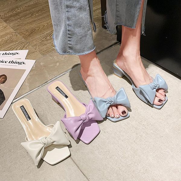 

slippers women's sandals summer bowknot 2021 fashion one word comfortable square head heels chaussure femme, Black