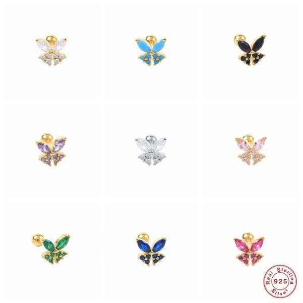 

stud romad 925 sterling silver colored rhinestone butterfly earrings for women turquoise pink zircon bowknot piercing ear studs, Golden;silver